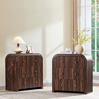 Modern 3 Drawer Nightstand w/ Charging Station, Curved Design Bedside Table for Bedroom Living Room