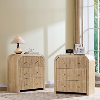 Modern 3 Drawer Nightstand w/ Charging Station, Curved Design Bedside Table for Bedroom Living Room