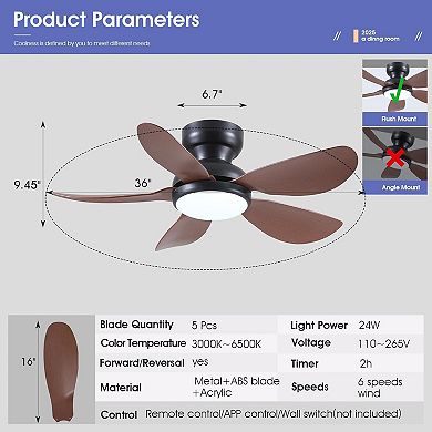 Modern Flush Mount Ceiling Fan with Light and Remote APP Control,6 Speeds