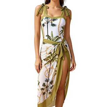 2 pc Tropical Print Swimsuit for Women, One Piece Bathing Suit with Sheer Cover Up Sarong Skirt