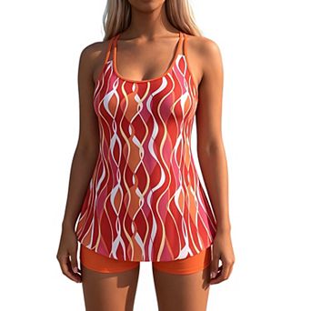Women's 2 pc Tankini Swimsuit , One-Piece Tummy Control Bathing Suit with Built-In Shorts
