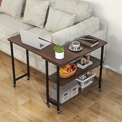 Rotating Sofa Side Table With 2 Tier Storage Shelves And Casters