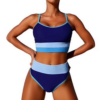 Color Block 2 pc Tankini Swimsuit for Women, High Waist Bathing Suit with Adjustable Straps
