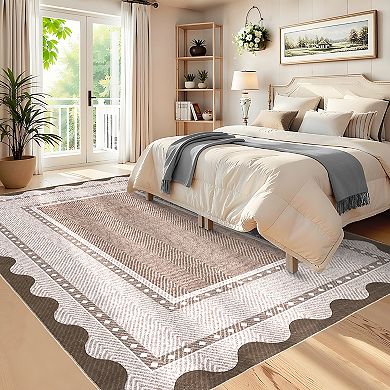 Modern Neutral Non Slip Washable Rugs, Contemporary Border Print Pattern Foldable Soft Carpet