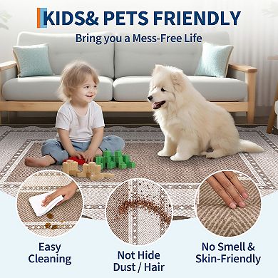 Modern Neutral Non Slip Washable Rugs, Contemporary Border Print Pattern Foldable Soft Carpet