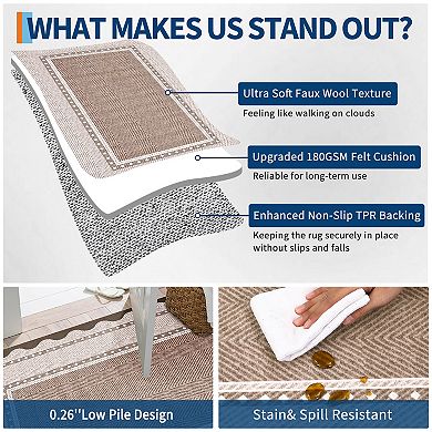 Modern Neutral Non Slip Washable Rugs, Contemporary Border Print Pattern Foldable Soft Carpet