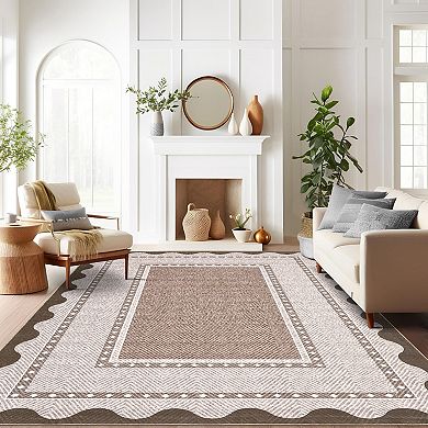 Modern Neutral Non Slip Washable Rugs, Contemporary Border Print Pattern Foldable Soft Carpet