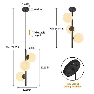 ZLAIQB 3-Light MidCentury Globe Height Adjustable 12.99" Pendant Light
