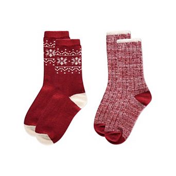 2 Pair Women's Buttersoft Crew Socks - Snowflake and Marled Patterns