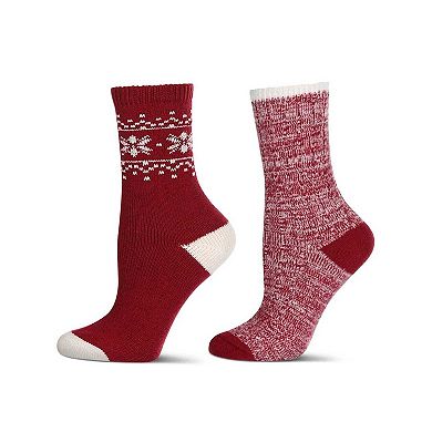 2 Pair Women's Buttersoft Crew Socks - Snowflake and Marled Patterns