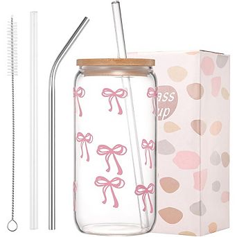 Coquette Pink Bow 16oz Glass Tumbler with Lid & Straw, Aesthetic Iced Coffee Cup Gift