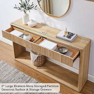 63" Fluted Console Table w/ 2 Drawers & Shelf, Entryway Table, Wood Accent Table for Living Room