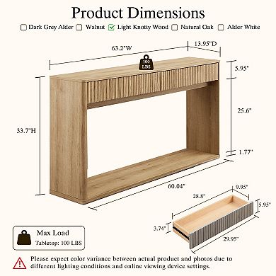 63" Fluted Console Table w/ 2 Drawers & Shelf, Entryway Table, Wood Accent Table for Living Room