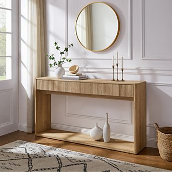 63" Fluted Console Table w/ 2 Drawers & Shelf, Entryway Table, Wood Accent Table for Living Room