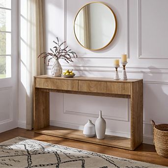 63" Fluted Console Table w/ 2 Drawers & Shelf, Entryway Table, Wood Accent Table for Living Room