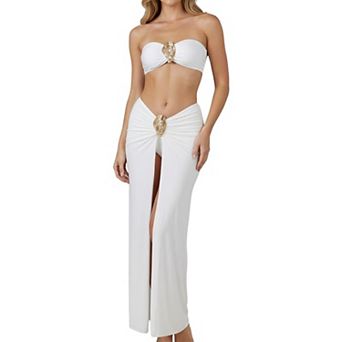 Women's 3 pc Bikini Swimsuit with Cover Up Skirt, Strapless Bandeau Bathing Suit