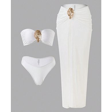 Women's 3 Piece Bikini Swimsuit with Cover Up Skirt, Strapless Bandeau Bathing Suit