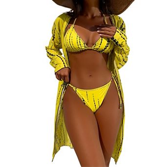 Women Printed Triangle Bikini Set with Long Sleeve Cover Up 3 pc Bathing Suit