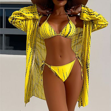 Women Printed Triangle Bikini Set with Long Sleeve Cover Up 3 Piece Bathing Suit