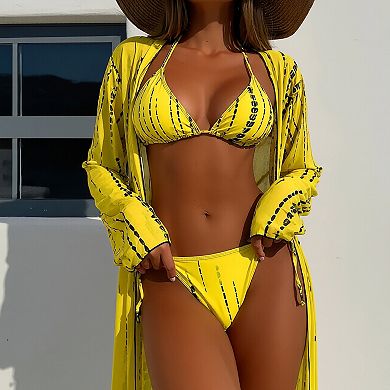 Women Printed Triangle Bikini Set with Long Sleeve Cover Up 3 Piece Bathing Suit