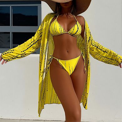 Women Printed Triangle Bikini Set with Long Sleeve Cover Up 3 Piece Bathing Suit