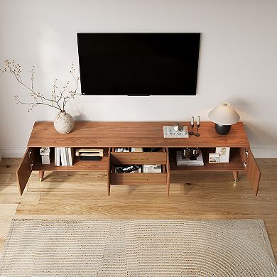 79'' Mid-Century Modern Brown TV Stand - 5-Leg Media Console with Storage