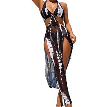 Tie Dye 3 pc Swimsuit with Mesh Maxi Cover Up Dress, Halter Bikini Set for Women