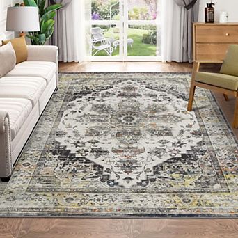 Area Rug Vintage Medallion Area Rug for Bedroom Traditional Distressed Carpet Rug Machine Washable