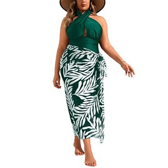 Plus Size Halter One Piece Swimsuit with Tropical Print Sarong Wrap Skirt, 2 pc Set