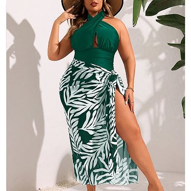 Plus Size Halter One Piece Swimsuit with Tropical Print Sarong Wrap Skirt, 2 Piece Set