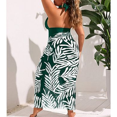 Plus Size Halter One Piece Swimsuit with Tropical Print Sarong Wrap Skirt, 2 Piece Set