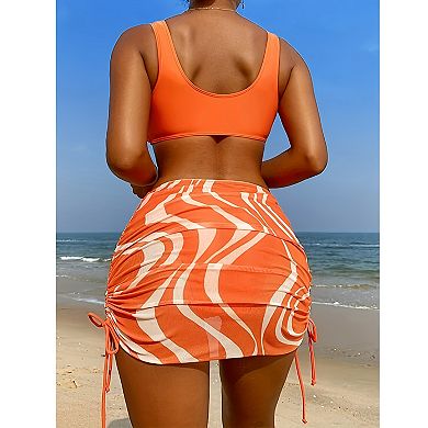 Women's 2 Piece Bikini Set, V Neck Cutout Swimsuits with Drawstring Ruched Skirt, Stylish Swimsuit
