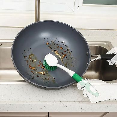 Dish Scrub Brushes with Handle and Built-In Scraper Set