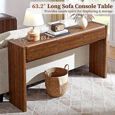 63" Farmhouse Console Table with 3 Drawers, Rounded Corner Entryway Table for Living Room Hallway