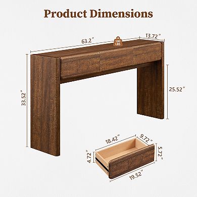 63" Farmhouse Console Table with 3 Drawers, Rounded Corner Entryway Table for Living Room Hallway