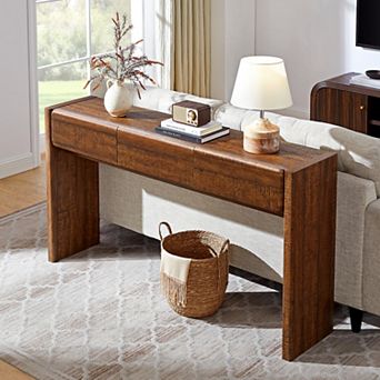 63" Farmhouse Console Table with 3 Drawers, Rounded Corner Entryway Table for Living Room Hallway