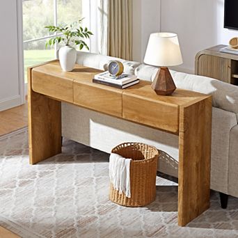63" Farmhouse Console Table with 3 Drawers, Rounded Corner Entryway Table for Living Room Hallway