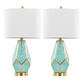 Loheer Geometric Glass Table Lamp Set with Linen Shade, Set of 2