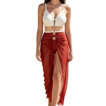2 pc One Piece Swimsuit Set with Sheer Maxi Cover Up Skirt for Women