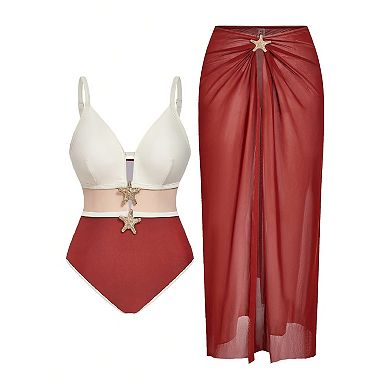 2 Piece One Piece Swimsuit Set with Sheer Maxi Cover Up Skirt for Women