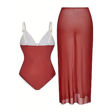 2 Piece One Piece Swimsuit Set with Sheer Maxi Cover Up Skirt for Women
