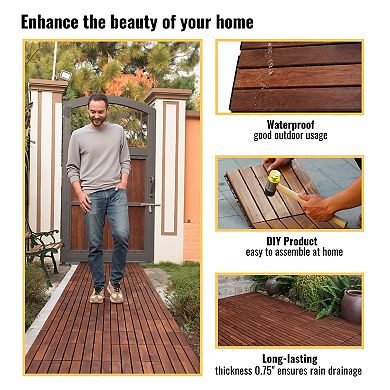 Loheer 20 PCS Acacia Hardwood Deck Tiles,Squares Striped Pattern ,Wood Flooring for Pool Side