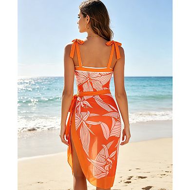 Women's 2-Piece Swimsuit Set, Floral Print One-Piece with Matching Cover Up Sarong