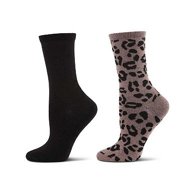 2 Pair Women's Cashmere Blend Leopard and Solid Crew Socks