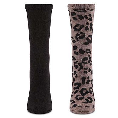 2 Pair Women's Cashmere Blend Leopard and Solid Crew Socks