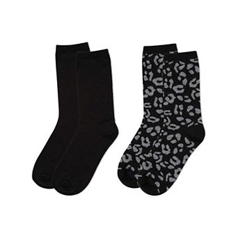 2 Pair Women's Cashmere Blend Leopard and Solid Crew Socks