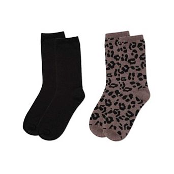 2 Pair Women's Cashmere Blend Leopard and Solid Crew Socks