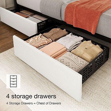 Bed Frame with 4 Storage Drawers, Adjustable Height Headboard, Upholstered Platform Bed Frame