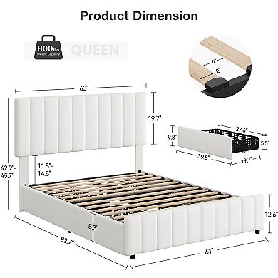 Bed Frame with 4 Storage Drawers, Adjustable Height Headboard, Upholstered Platform Bed Frame