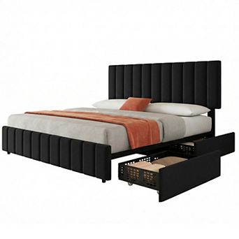 Bed Frame with 4 Storage Drawers, Adjustable Height Headboard, Upholstered Platform Bed Frame